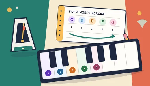 Overhead illustration of a beginner piano exercise with a keyboard, practice notebook, and metronome