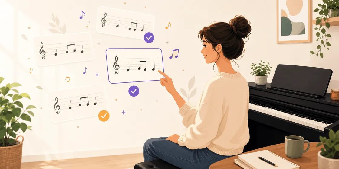 Illustrated beginner choosing simple piano song cards beside a digital piano