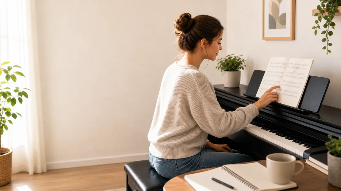 Beginner pointing at simple sheet music on a digital piano at home